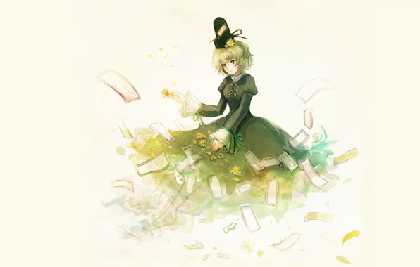 Picture hat, black dress, priestess, paper, barefoot, Touhou Project, yellow flowers, Project East, sitting on the …