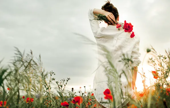 Picture the sky, girl, light, flowers, pose, mood, back, Maki, is, poppy field
