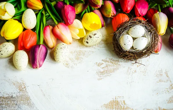 Picture flowers, colorful, Easter, tulips, happy, flowers, tulips, Easter, eggs, painted eggs