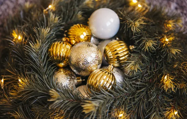 Picture balls, tree, New Year, Christmas, golden, Christmas, balls, New Year, decoration, Happy, Merry, fir tree, …