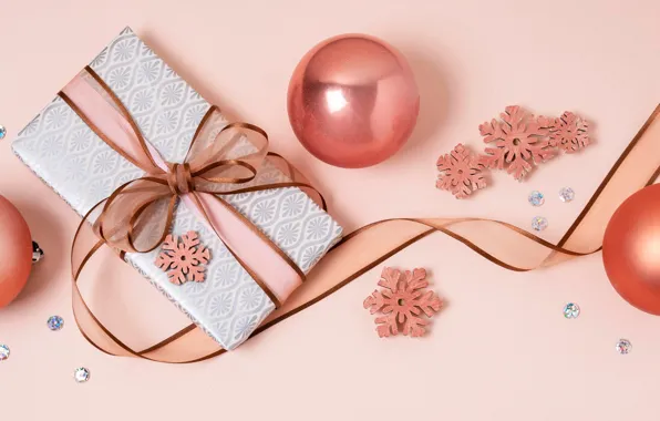 Picture balls, snowflakes, gift, balls, Christmas, tape, New year, pink background