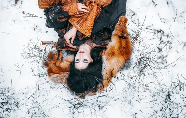Picture winter, girl, snow, branches, style, makeup, dress, brunette, Fox, collar, lies, fur, image, Princess, in …