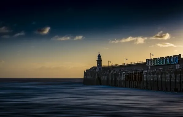 Picture sea, night, lighthouse, Folkestone Harbour Wall