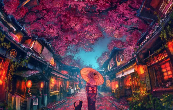 Picture umbrella, Japan, girl, kimono, the light in the Windows, evening city, the red lanterns, black …