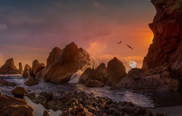 Picture sunset, rocks, shore