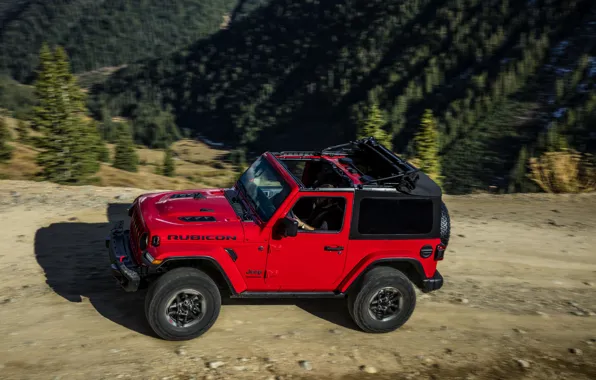 Picture road, trees, red, open, shadow, 2018, Jeep, Wrangler Rubicon