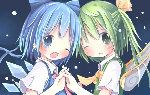 Picture snow, hands, wings, green hair, cuties, blue hair, wink, girlfriend, bangs, Cirno, Touhou Project, Project …