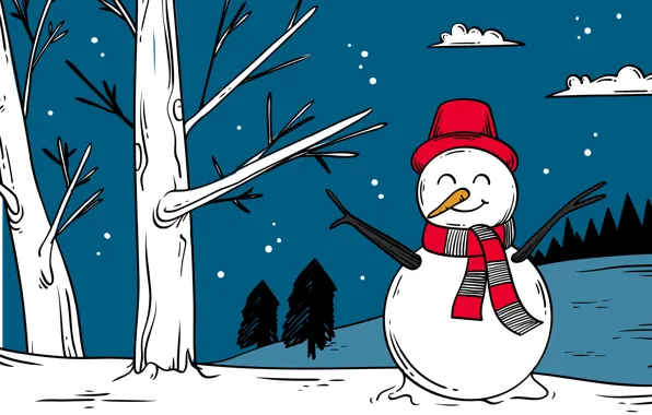 Picture forest, snow, trees, branches, graphics, hat, scarf, Christmas, New year, snowman, blue background