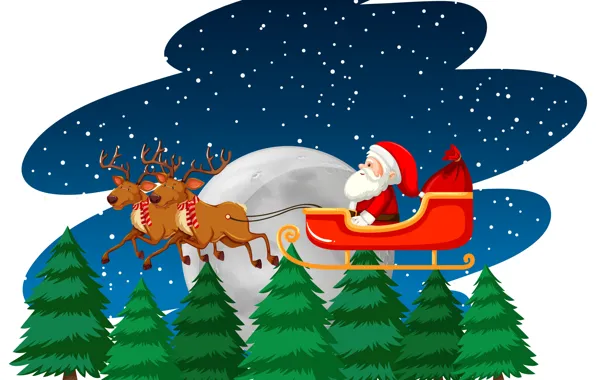Picture Winter, Night, Snow, Christmas, New year, Santa Claus, Deer, Tree, Bag, Sleigh, Развозит подарки