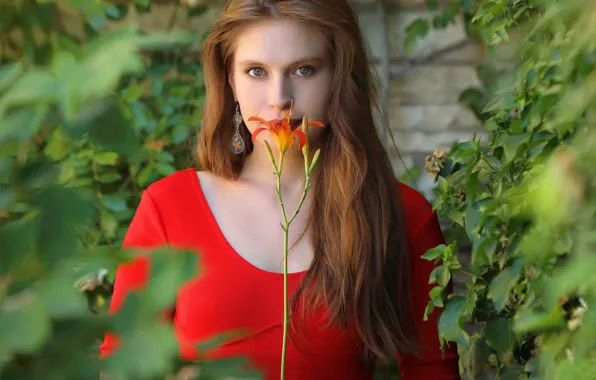 Picture flower, hot girl, model, greenery, outside, sexy woman, photoshoot, posing, red dress, beautiful face, outdoors, …