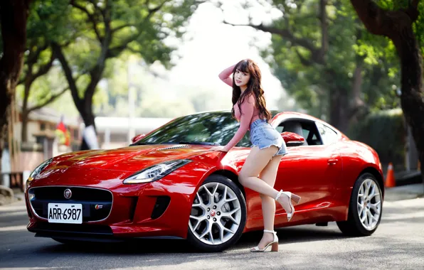 Picture auto, girl, pose, Jaguar, Asian, cutie