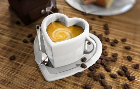 Picture table, heart, coffee, hot, couples, spoon, Cup, white, drink, cappuccino, saucer, foam, grain, bokeh