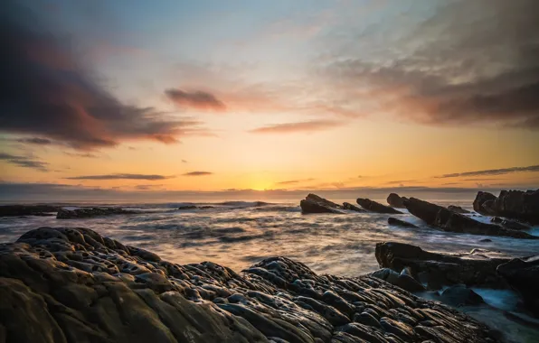 Picture sea, wave, the sky, clouds, sunset, nature, stones, rocks, dawn, horizon, rocky shore