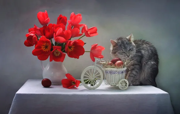 Picture cat, flowers, table, animal, holiday, eggs, Easter, tulips, pitcher, basket, tablecloth, eggs, Svetlana Kovaleva