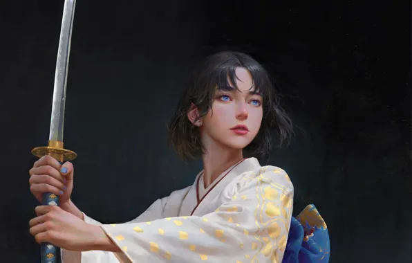 Picture katana, kimono, blue eyes, grey background, arm, stand, samurai, woman warrior, by Yuhong Ding