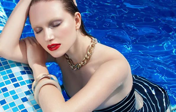 Picture swimsuit, water, girl, pose, pool, hands, Maria, bracelets, red lipstick, closed eyes, Павел Бянкин