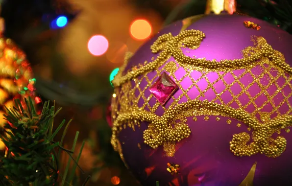 Picture background, lilac, pattern, toy, new year, Christmas, ball, sequins, rhinestones, tree, decoration, gold plated, needles, …