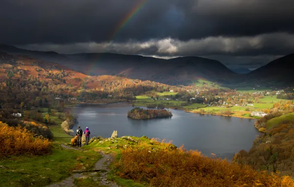 Picture mountains, people, shore, rainbow, pair, pond