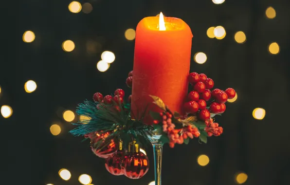 Picture balls, glare, berries, background, candle, Christmas, New year, composition