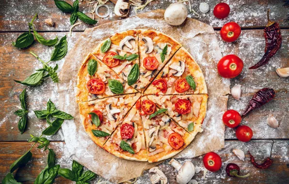 Picture mushrooms, Board, pieces, pepper, pizza, tomatoes, flour, mushrooms, Basil, пернамент