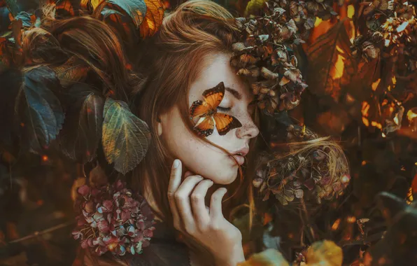 Picture autumn, leaves, girl, light, flowers, branches, face, pose, mood, butterfly, hair, hand, sleep, portrait, sleeping, …