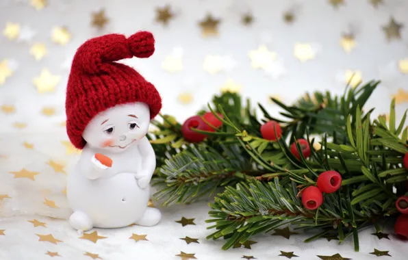 Picture sadness, branches, berries, toy, fruit, Christmas, New year, snowman, needles, stars, cap, figure, bokeh, Christmas …