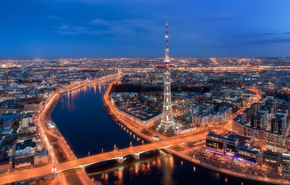 Picture bridge, river, building, tower, home, Saint Petersburg, panorama, Russia, night city, tower, Bolshaya Nevka, Kantemirovsky …