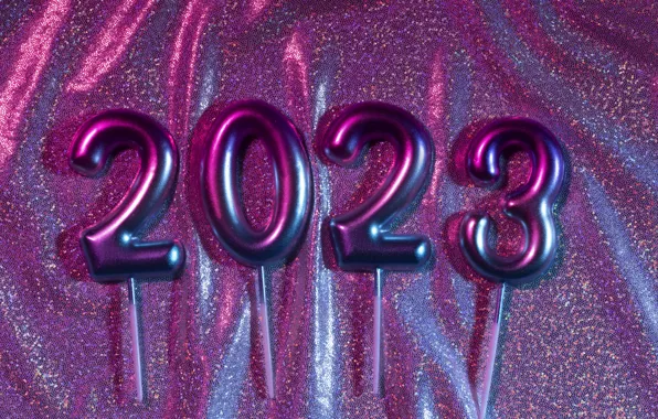 Picture lights, Shine, sticks, figures, New year, fabric, folds, lilac, date, brilliant, lilac background, 2023