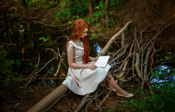 Picture forest, water, girl, branches, nature, dress, red, notebook, curls, Александр Шелегов