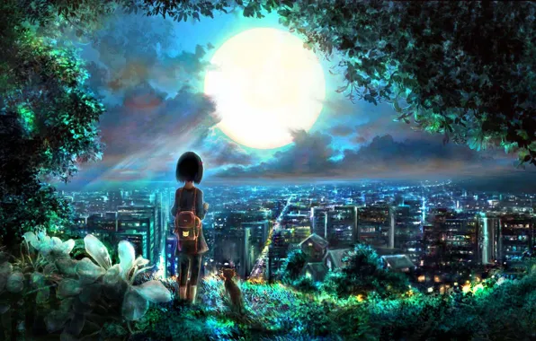 Picture cat, night, the city, the moon, hill, girl, by 00