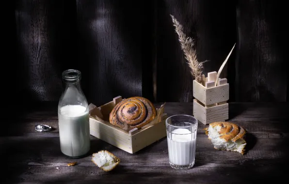 Picture glass, table, Board, bottle, milk, bread, still life, box, spike, buns