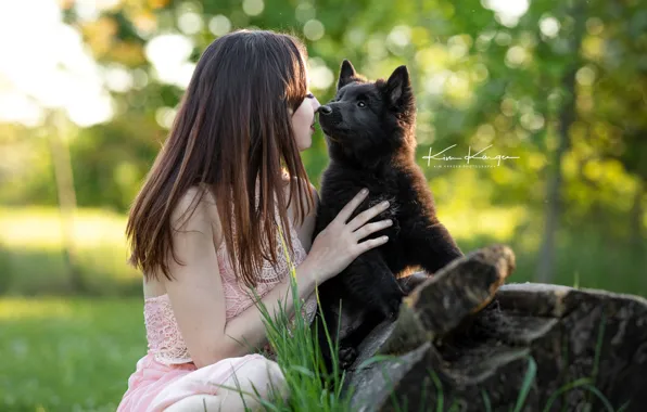 Picture girl, nature, pose, dress, puppy, Kim Kаrger