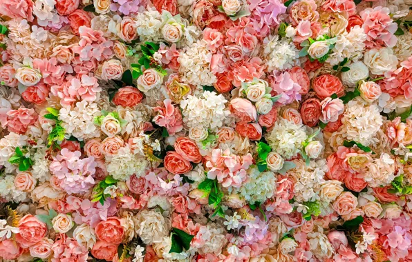 Picture flowers, roses, bouquet, pink, white, placer, orange, flower carpet, a lot, different, hydrangea, bouquets, cream