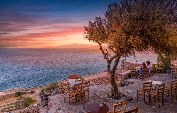 Picture sea, sunset, shore, Greece, Monemvasia