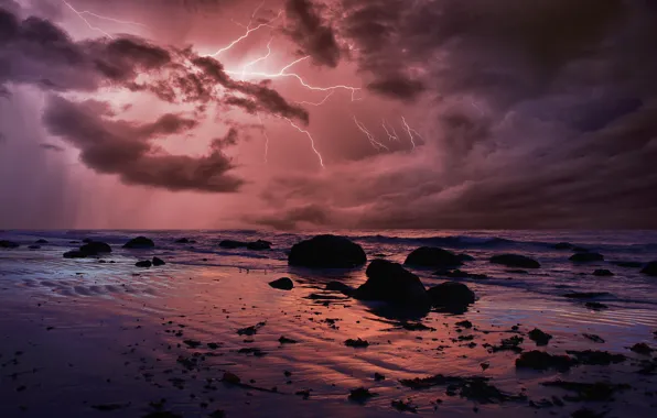Picture sea, the storm, wave, the sky, clouds, stones, shore, lightning, surf