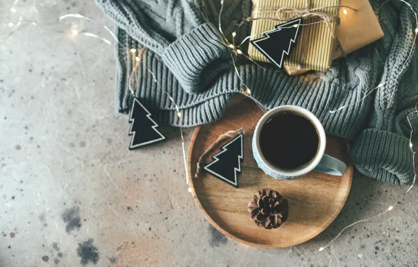 Picture winter, comfort, gift, coffee, Cup, sweater, tray