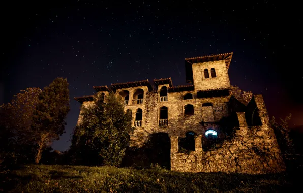 Picture grass, stars, trees, night, darkness, castle, Windows, abandoned, ruins, arch, architecture, mansion, view, bottom view, …
