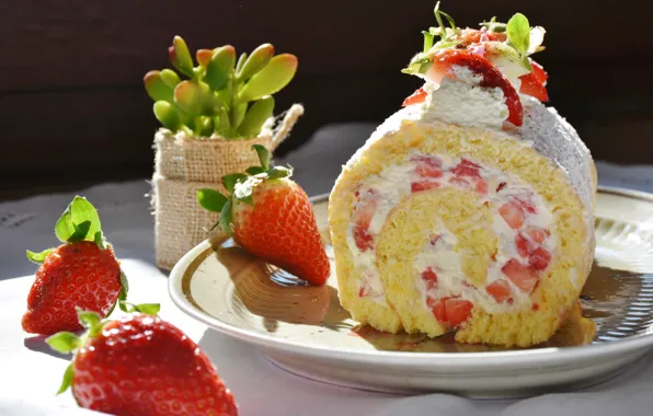 Picture light, berries, table, plant, strawberry, plate, cream, dessert, roll, design, succulent, strawberry