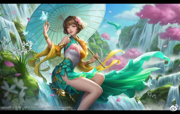 Picture girl, nature, butterfly, the game, umbrella, anime, waterfalls, Yokoyama Mitsuteru Sangokushi, Da Qiao, Sanguosha