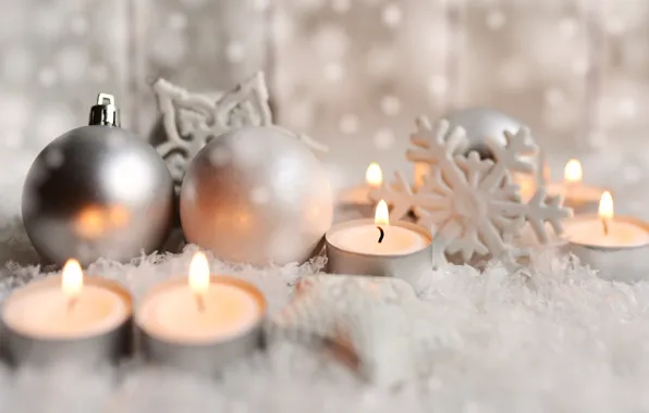 Picture winter, balls, snow, snowflakes, flame, holiday, balls, candle, candles, Christmas, New year, light background, a …