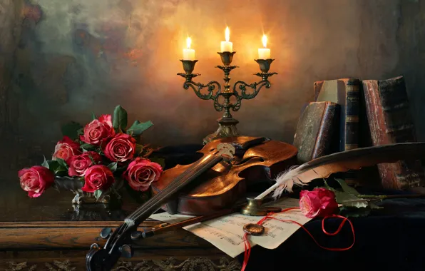 Picture flowers, style, notes, pen, violin, books, roses, candles, still life, candle holder, Andrey Morozov