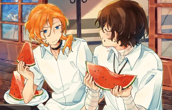 Picture watermelon, guys, friends, Bungou Stray Dogs, Stray Dogs: A Literary Genius