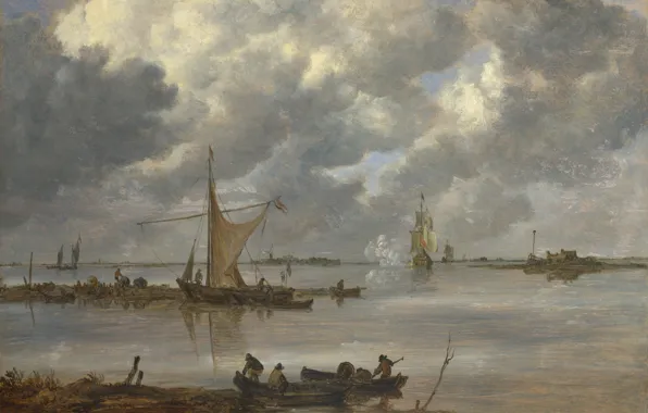 Picture picture, seascape, Jan van Goyen, Jan van Goyen, Estuary with fishing boats and two frigates