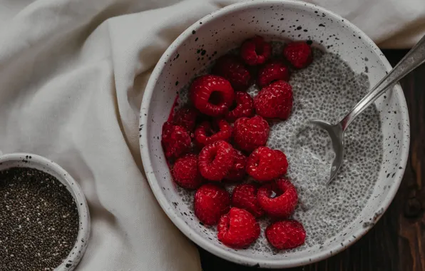 Picture berries, raspberry, table, towel, Breakfast, milk, spoon, bowl, Chia seeds