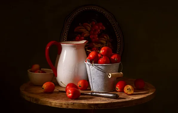 Picture apples, pitcher, still life, kitaika, tray, bucket, Ranetki, apples