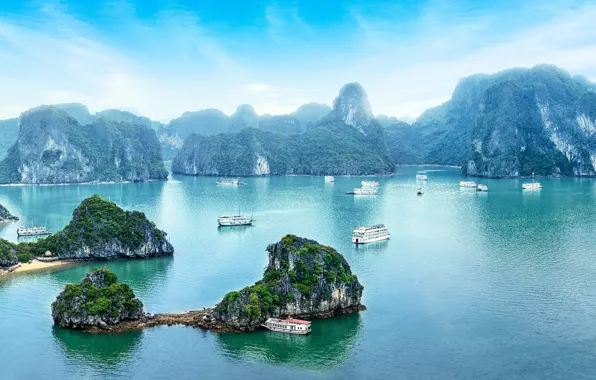 Picture sea, mountains, rocks, Bay, boats, Vietnam, Halong, Halong Bay, korbly