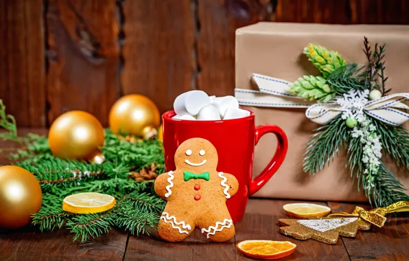 Picture photo, Branches, Mug, Balls, Board, New year, Food, Cookies, Gifts, Marshmallow
