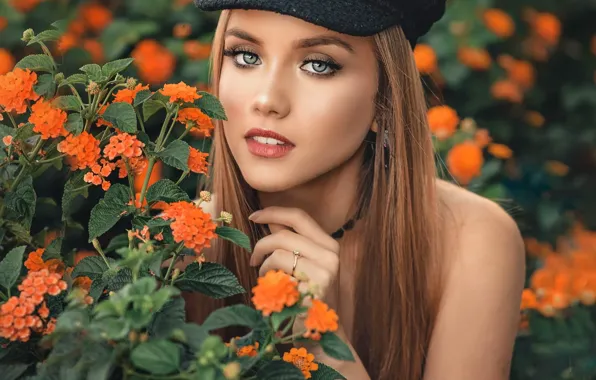 Picture look, girl, flowers, nature, plants, makeup, cap, brown hair, shoulder
