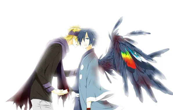 Picture feathers, scarf, white background, Pokemon, bangs, two guys, holding hands, black wings, bandage on forehead
