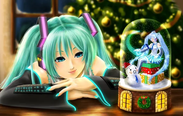 Picture the evening, snowman, vocaloid, Hatsune Miku, Vocaloid, Christmas ball, Hatsune Miku, two tails, Christmas tree